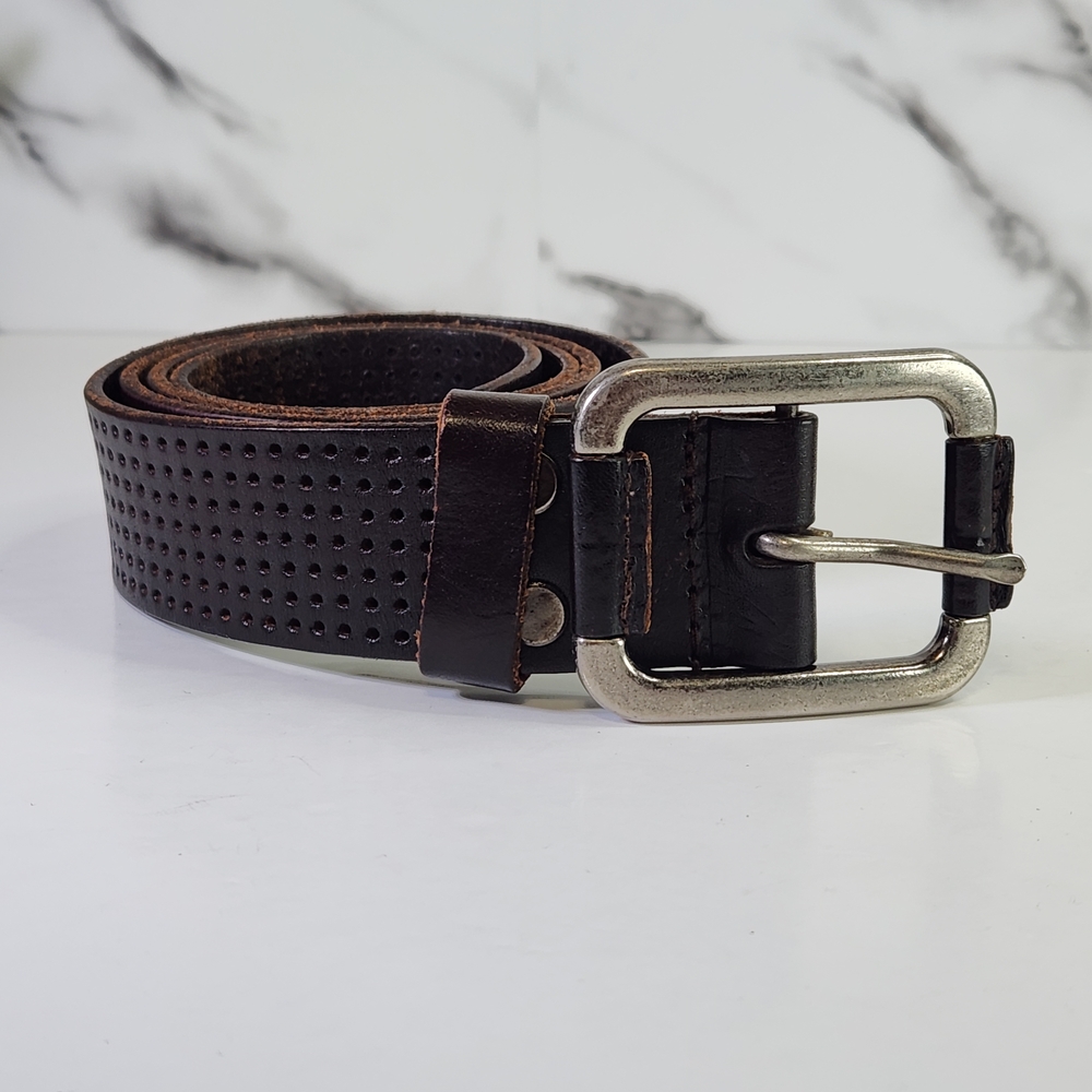 Genuine Leather Men's Dark Brown Perforated Belt with Silver Buckle